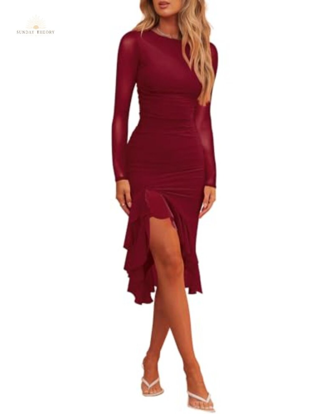Long Sleeve Mesh Ruched Bodycon High-Low Midi Formal Dress